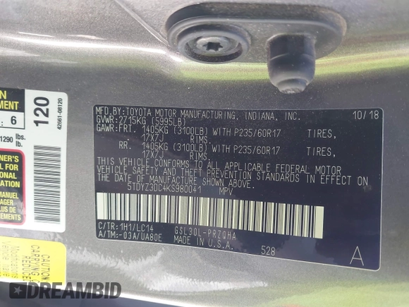 2019 Toyota Sienna XLE Auto Access Seat with VIN 5TDYZ3DC4KS980041, listed as a IAAI auction lot 41793001 with 125,084 mi miles. Bid and sale history available at carsss.com. Image 9.