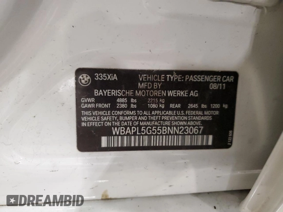 2011 BMW 3 Series 335i xDrive with VIN WBAPL5G55BNN23067, listed as a Copart auction lot 52041815 with 69,950 mi miles and Clean Title. Bid and sale history available at carsss.com. Image 12.