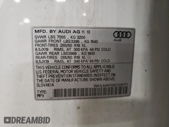 2014 Audi Q7 Premium Plus with VIN WA1LMAFE5ED010771, listed as a Copart auction lot 55587105 with 182,209 mi miles and Salvage title. Bid and sale history available at DreamBid. Image 13.