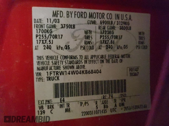 2004 Ford F-150 XLT with VIN 1FTRW14W04KB68404, listed as a Copart auction lot 56980045 with 171,584 mi miles and Salvage title. Bid and sale history available at DreamBid. Image 12.