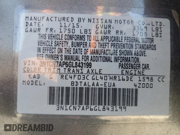 2016 Nissan Versa SV z VIN 3N1CN7AP6GL843199, wystawiony jako Copart lot #58585285 z przebiegiem 51 845 mil mil oraz Czysty tytuł • Clean title. Historia ofert i sprzedaży dostępna na DreamBid. Obrazek 12.