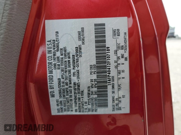 2002 Ford Mustang Standard z VIN 1FAFP40412F107189, wystawiony jako Copart lot #58425645 z przebiegiem 148 551 mil mil oraz Szkoda całkowita • Salvage title. Historia ofert i sprzedaży dostępna na DreamBid. Obrazek 12.