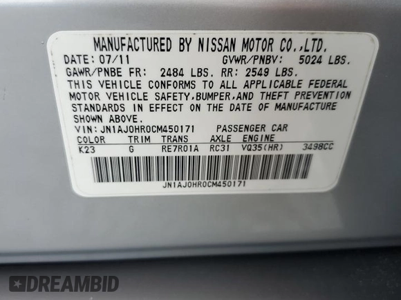 2012 Infiniti EX Journey with VIN JN1AJ0HR0CM450171, listed as a Copart auction lot 54605235 with 90,576 mi miles and Salvage Title. Bid and sale history available at DreamBid. Image 13.