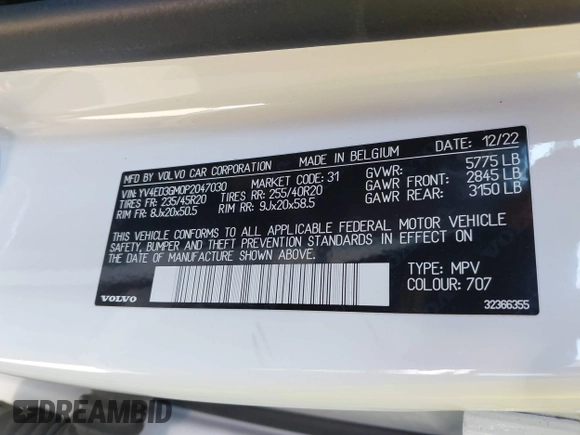 2023 Volvo C40 Ultimate with VIN YV4ED3GM0P2047030, listed as a IAAI auction lot 41343718 with 10,888 mi miles and . Bid and sale history available at DreamBid. Image 9.