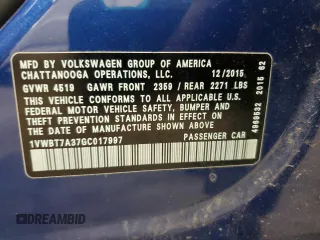 2016 Volkswagen Passat SE z VIN 1VWBT7A37GC017997, wystawiony jako Copart lot #55146215 z przebiegiem Nie podano mil oraz Szkoda całkowita • Salvage title. Historia ofert i sprzedaży dostępna na DreamBid. Obrazek 12.