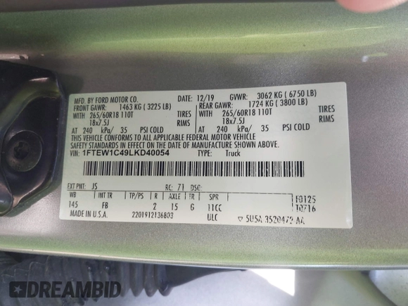 2020 Ford F-150 XL with VIN 1FTEW1C49LKD40054, listed as a IAAI auction lot 41837928 with 163,666 mi miles. Bid and sale history available at carsss.com. Image 9.