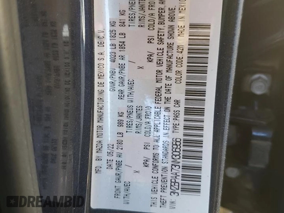 2022 Mazda 3 2.0 with VIN 3MZBPAA73NM306956, listed as a Copart auction lot 80188894 with Not Provided miles and Salvage Title. Bid and sale history available at DreamBid. Image 13.