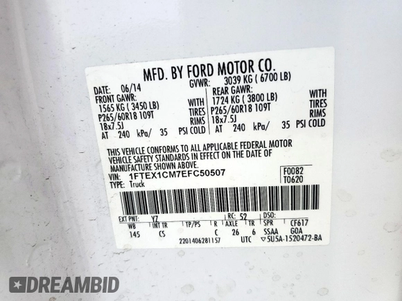 2014 Ford F-150 XL z VIN 1FTEX1CM7EFC50507, wystawiony jako Copart lot #56485015 z przebiegiem 129 523 mil mil oraz Szkoda całkowita • Salvage title. Historia ofert i sprzedaży dostępna na DreamBid. Obrazek 12.