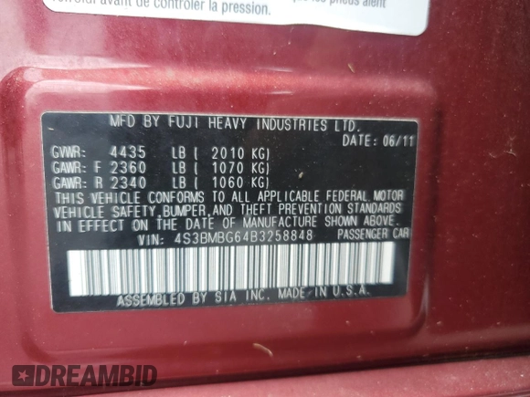 2011 Subaru Legacy Premium Power Moon with VIN 4S3BMBG64B3258848, listed as a Copart auction lot 62084725 with 67,600 mi miles and Salvage title. Bid and sale history available at DreamBid. Image 13.