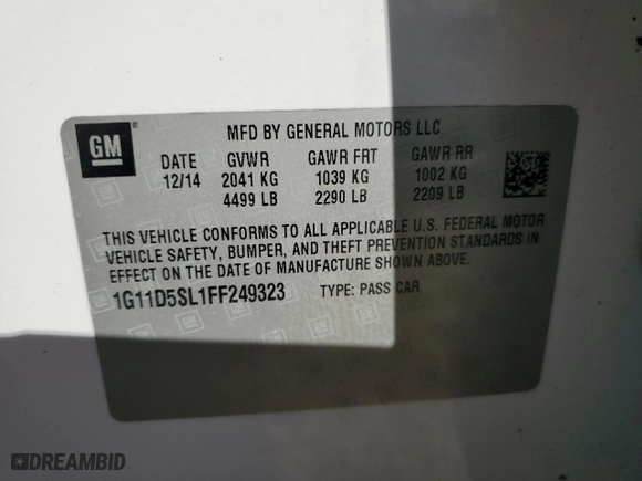 2015 Chevrolet Malibu LT with VIN 1G11D5SL1FF249323, listed as a Copart auction lot 47420345 with 0 mi miles and Salvage Title. Bid and sale history available at carsss.com. Image 14.