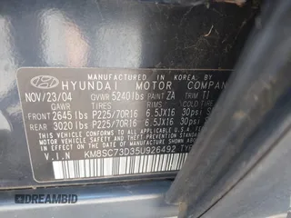 2005 Hyundai Santa Fe GLS with VIN KM8SC73D35U926492, listed as a IAAI auction lot 42131446 with 177,553 mi miles. Bid and sale history available at carsss.com. Image 9.