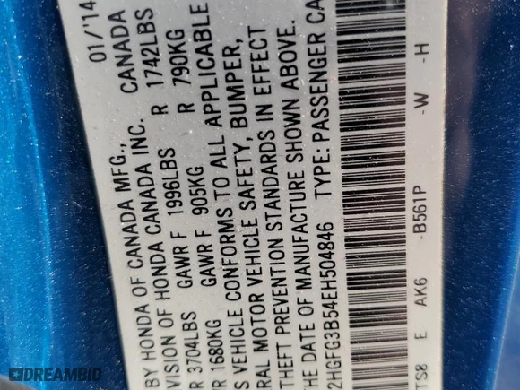 2014 Honda Civic Coupe LX with VIN 2HGFG3B54EH504846, listed as a Copart auction lot 47808695 with 125,204 mi miles and Salvage Title. Bid and sale history available at carsss.com. Image 14.