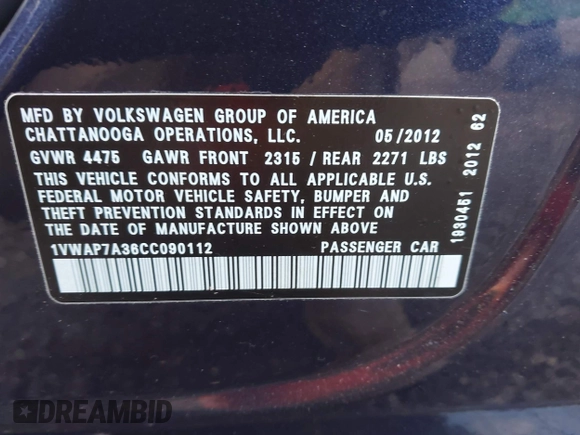 2012 Volkswagen Passat S w/Appearance with VIN 1VWAP7A36CC090112, listed as a IAAI auction lot 41983476 with 118,853 mi miles. Bid and sale history available at carsss.com. Image 9.