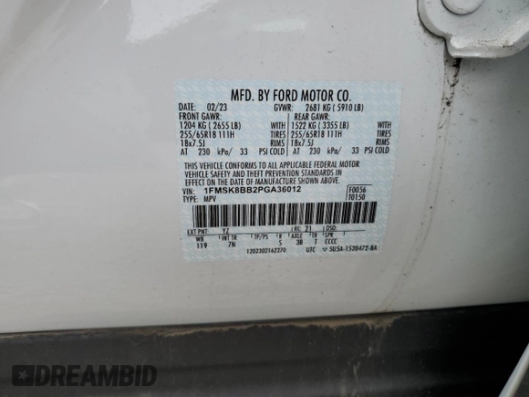 2023 Ford Explorer with VIN 1FMSK8BB2PGA36012, listed as a Copart auction lot 68627514 with 2,302 mi miles and Salvage Title. Bid and sale history available at carsss.com. Image 13.