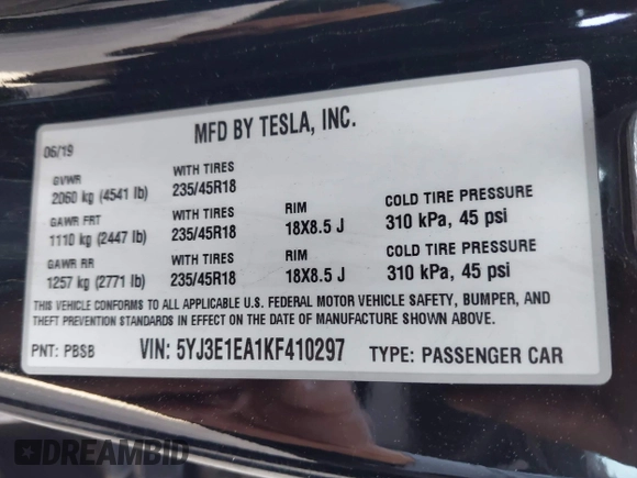 2019 Tesla Model 3 Mid Range with VIN 5YJ3E1EA1KF410297, listed as a IAAI auction lot 41841991 with 176,254 mi miles. Bid and sale history available at carsss.com. Image 9.