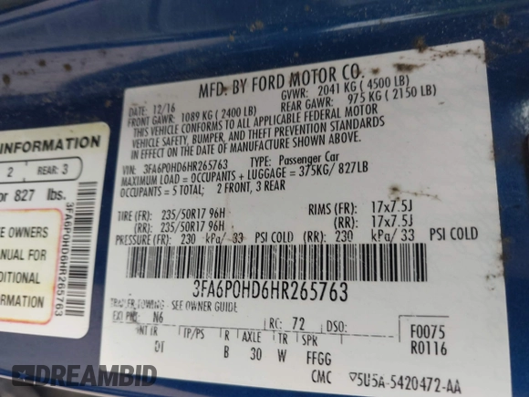 2017 Ford Fusion SE with VIN 3FA6P0HD6HR265763, listed as a IAAI auction lot 41549524 with 90,222 mi miles. Bid and sale history available at carsss.com. Image 9.