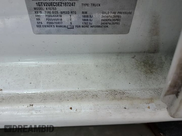 2014 GMC Sierra 1500 SLE z VIN 1GTV2UEC5EZ187247, wystawiony jako Copart lot #54706565 z przebiegiem Nie podano mil oraz Szkoda całkowita • Salvage title. Historia ofert i sprzedaży dostępna na DreamBid. Obrazek 12.