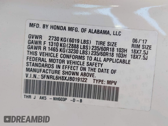 2018 Honda Odyssey Touring with VIN 5FNRL6H8XJB019122, listed as a IAAI auction lot 41820212 with 144,014 mi miles. Bid and sale history available at carsss.com. Image 9.