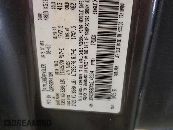 2004 Dodge Ram 2500 SLT with VIN 3D7KU28CX4G146324, listed as a Copart auction lot 69964254 with 244,029 mi miles and Salvage Title. Bid and sale history available at carsss.com. Image 12.