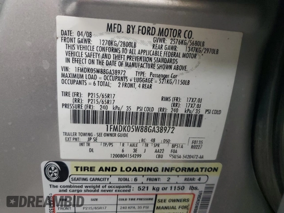 2008 Ford Taurus X SEL с VIN 1FMDK05W88GA38972, выставлен на аукционе Copart как лот 58008955 с пробегом 152 696 миль миль и Списание • Salvage title. История ставок и продаж доступна на DreamBid. Изображение 14.