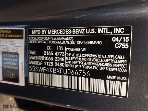 2015 Mercedes-Benz C-Class C 300 Luxury with VIN 55SWF4KBXFU066756, listed as a IAAI auction lot 41297395 with 104,298 mi miles. Bid and sale history available at carsss.com. Image 9.