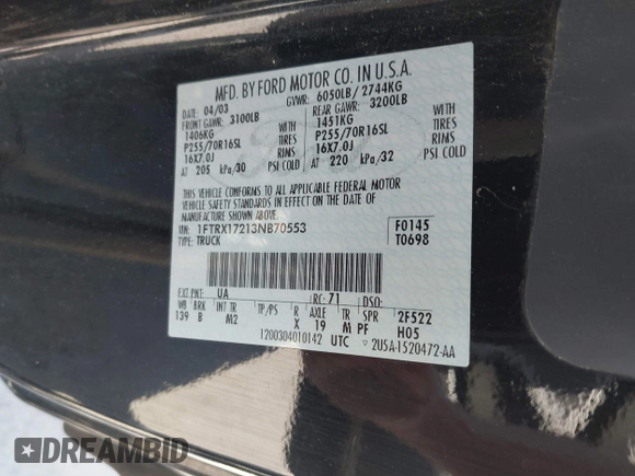 2003 Ford F-150 XL with VIN 1FTRX17213NB70553, listed as a IAAI auction lot 41946968 with 186,683 mi miles. Bid and sale history available at carsss.com. Image 9.