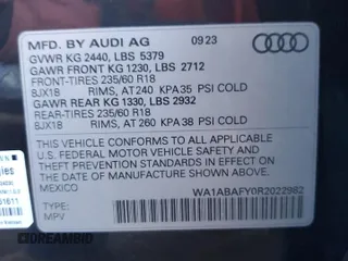 2024 Audi Q5 Premium with VIN WA1ABAFY0R2022982, listed as a Copart auction lot 79828544 with 3,711 mi miles and Salvage Title. Bid and sale history available at carsss.com. Image 12.