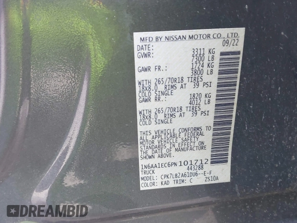 2023 Nissan Titan SV with VIN 1N6AA1EC6PN101712, listed as a IAAI auction lot 40206621 with 50,210 mi miles and . Bid and sale history available at DreamBid. Image 9.