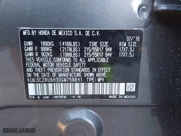 2016 Honda HR-V LX with VIN 3CZRU6H30GM758841, listed as a IAAI auction lot 41337703 with 131,375 mi miles. Bid and sale history available at carsss.com. Image 9.