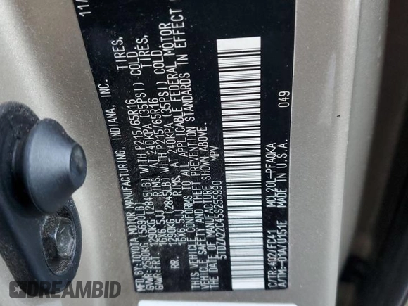 2005 Toyota Sienna XLE with VIN 5TDZA22C45S255990, listed as a Copart auction lot 88628125 with 110,369 mi miles and Salvage Title. Bid and sale history available at carsss.com. Image 13.