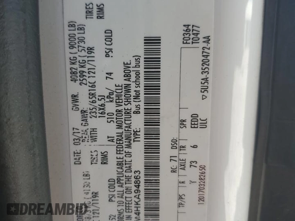 2017 Ford Transit XL with VIN 1FBZX2YM4HKA94863, listed as a Copart auction lot 77445614 with 169,461 mi miles and Salvage Title. Bid and sale history available at DreamBid. Image 13.