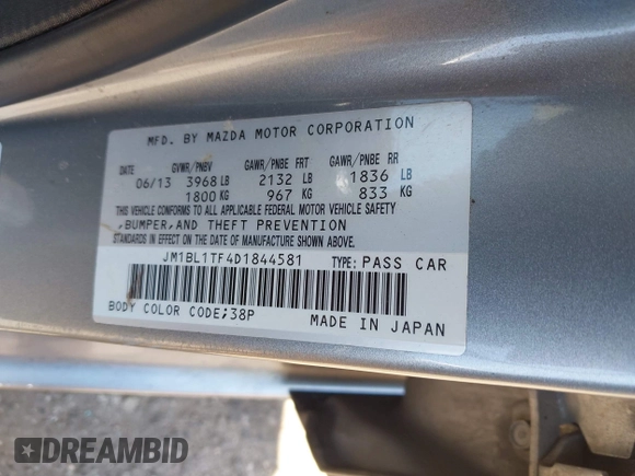 2013 Mazda 3 i SV with VIN JM1BL1TF4D1844581, listed as a IAAI auction lot 41996353 with 172,531 mi miles and . Bid and sale history available at DreamBid. Image 9.