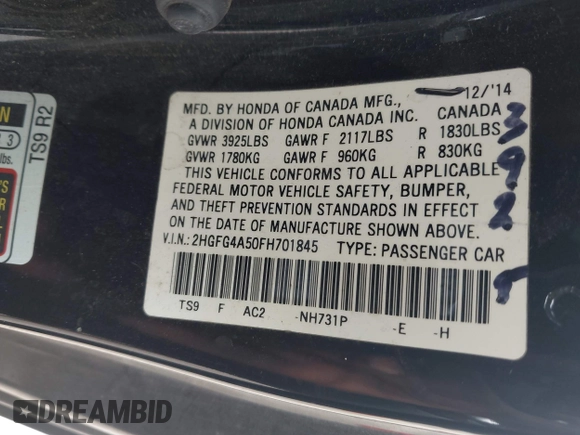 2015 Honda Civic Si with VIN 2HGFG4A50FH701845, listed as a IAAI auction lot 42515514 with 135,011 mi miles and . Bid and sale history available at DreamBid. Image 9.