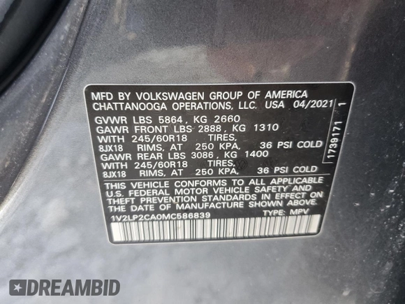 2021 Volkswagen Atlas SE z VIN 1V2LP2CA0MC586839, wystawiony jako Copart lot #88215305 z przebiegiem Nie podano mil oraz Szkody całkowita. Historia ofert i sprzedaży dostępna na DreamBid. Obrazek 12.