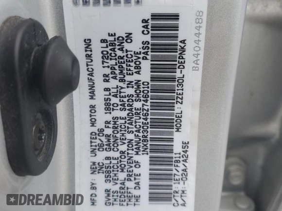 2006 Toyota Corolla CE with VIN 1NXBR30E46Z746010, listed as a Copart auction lot 51462865 with 81,941 mi miles and Salvage Title. Bid and sale history available at DreamBid. Image 14.