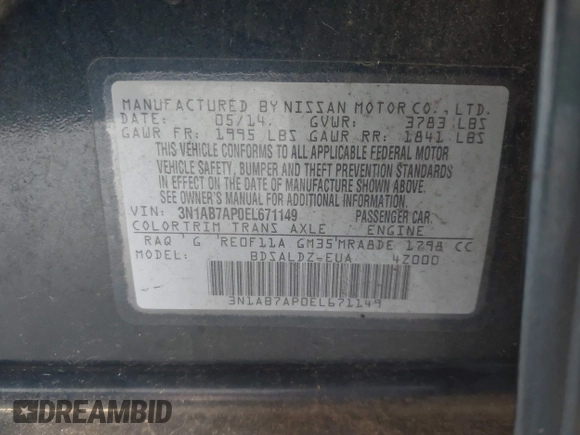 2014 Nissan Sentra S with VIN 3N1AB7AP0EL671149, listed as a IAAI auction lot 41913977 with 145,426 mi miles and . Bid and sale history available at DreamBid. Image 9.