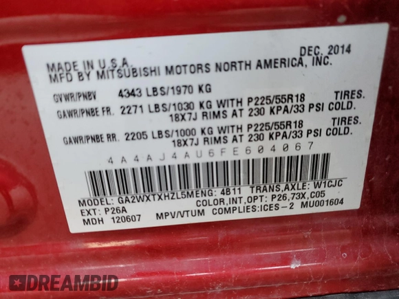 2015 Mitsubishi Outlander Sport GT с VIN 4A4AJ4AU6FE604067, выставлен на аукционе Copart как лот 74631874 с пробегом 67 818 миль миль и Списание • Salvage title. История ставок и продаж доступна на DreamBid. Изображение 13.