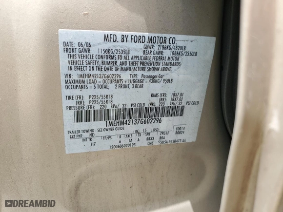 2007 Mercury Montego Premier with VIN 1MEHM42137G602296, listed as a Copart auction lot 53970184 with 0 mi miles and Salvage Title. Bid and sale history available at carsss.com. Image 12.