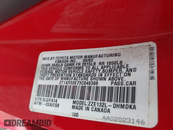 2003 Toyota Matrix Std with VIN 2T1KR32E73C048369, listed as a IAAI auction lot 42048570 with 87,085 mi miles and . Bid and sale history available at DreamBid. Image 9.