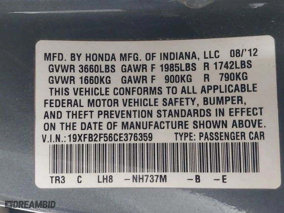 2012 Honda Civic Sdn LX with VIN 19XFB2F56CE376359, listed as a IAAI auction lot 41549725 with 1 mi miles. Bid and sale history available at carsss.com. Image 9.
