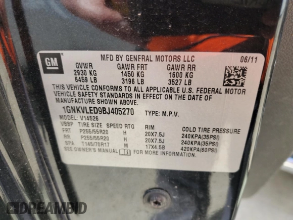 2011 Chevrolet Traverse LTZ with VIN 1GNKVLED9BJ405270, listed as a Copart auction lot 49909365 with 116,660 mi miles and Salvage Title. Bid and sale history available at DreamBid. Image 14.