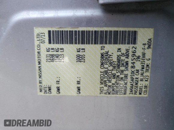 2013 Nissan Maxima SV z VIN 1N4AA5AP1DC845962, wystawiony jako Copart lot #42774855 z przebiegiem 141 221 mil mil oraz Szkoda całkowita • Salvage title. Historia ofert i sprzedaży dostępna na DreamBid. Obrazek 12.