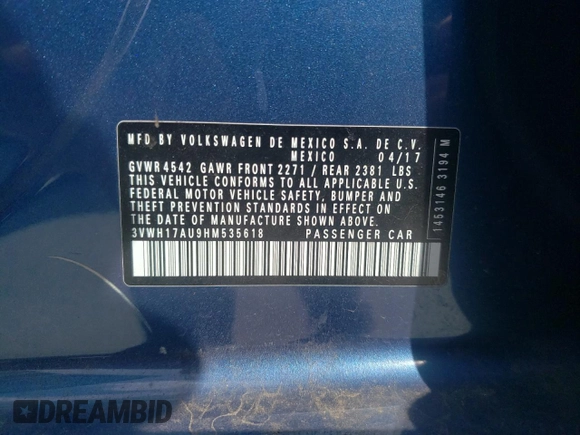 2017 Volkswagen Golf S z VIN 3VWH17AU9HM535618, wystawiony jako Copart lot #53129885 z przebiegiem 80 403 mil mil oraz Szkoda całkowita • Salvage title. Historia ofert i sprzedaży dostępna na DreamBid. Obrazek 13.
