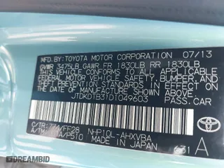 2013 Toyota Prius c One with VIN JTDKDTB31D1049603, listed as a IAAI auction lot 41831397 with 110,480 mi miles. Bid and sale history available at carsss.com. Image 9.