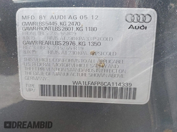 2012 Audi Q5 Premium Plus z VIN WA1LFAFP6CA114339, wystawiony jako IAAI lot #42015195 z przebiegiem Nie podano mil oraz . Historia ofert i sprzedaży dostępna na DreamBid. Obrazek 9.