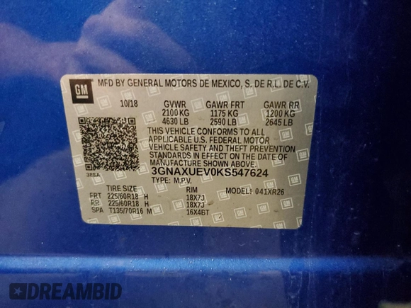 2019 Chevrolet Equinox LT with VIN 3GNAXUEV0KS547624, listed as a Copart auction lot 51081305 with 53,188 mi miles and Salvage Title. Bid and sale history available at carsss.com. Image 15.