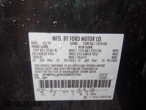 2019 Ford Edge SE с VIN 2FMPK3G96KBB57155, выставлен на аукционе IAAI как лот 42628596 с пробегом 83 343 миль миль и . История ставок и продаж доступна на DreamBid. Изображение 19.