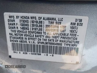 2008 Honda Odyssey EX-L with VIN 5FNRL38768B045992, listed as a IAAI auction lot 42217536 with 237,279 mi miles and . Bid and sale history available at DreamBid. Image 9.