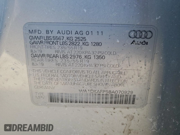 2011 Audi Q5 3.2L Premium Plus with VIN WA1DKAFP5BA070929, listed as a Copart auction lot 88092275 with 68,481 mi miles and Salvage Title. Bid and sale history available at carsss.com. Image 13.