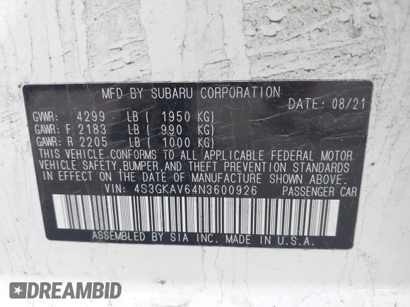 2022 Subaru Impreza Premium with VIN 4S3GKAV64N3600926, listed as a IAAI auction lot 42187034 with 36,768 mi miles and . Bid and sale history available at DreamBid. Image 9.